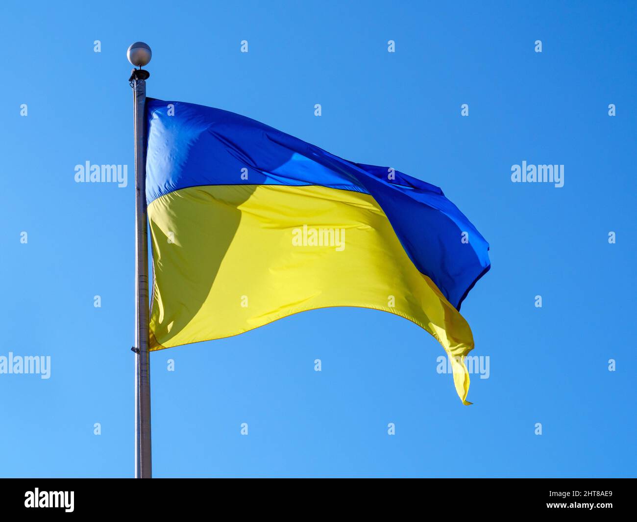La bandiera Ucraina che vola nel quartiere del villaggio ucraino di Chicago, Illinois. Foto Stock