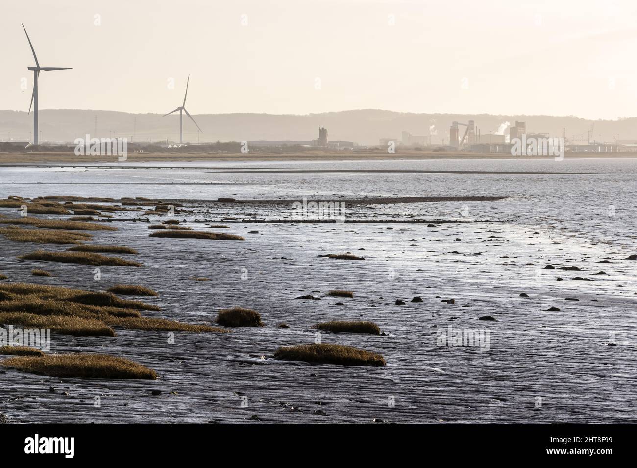 Le fanghe si rivelano a bassa marea a Severn Beach sul canale di Bristol, con il vento turbato e le strutture industriali di Avonmouth Docks alle spalle. Foto Stock