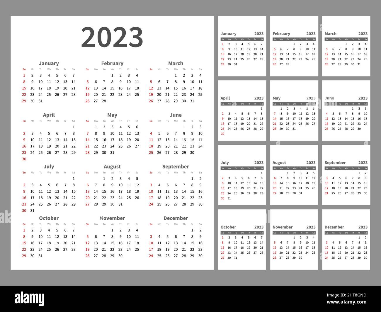 Pagine del calendario scrivania. Layout mensile semplice. Stile minimalista alla moda. Wall verticale 2023 anni di pianificazione. Numeri e testo in inglese. Pianificazione settimanale annuale Illustrazione Vettoriale