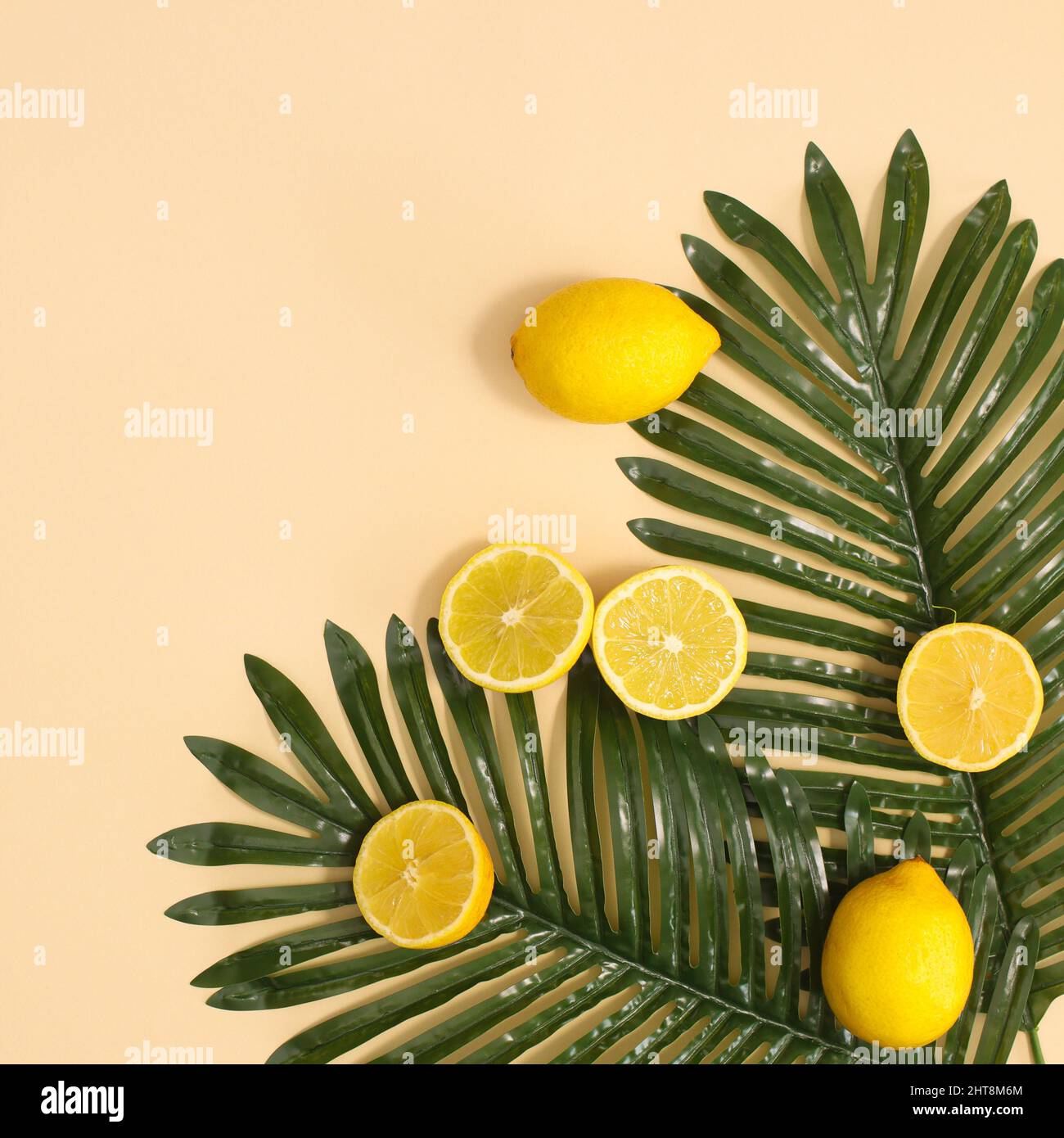 Struttura tropicale estiva con limoni freschi e foglie di palma naturali su sfondo di sabbia pastello. Spazio di copia creativo a disposizione piatta Foto Stock