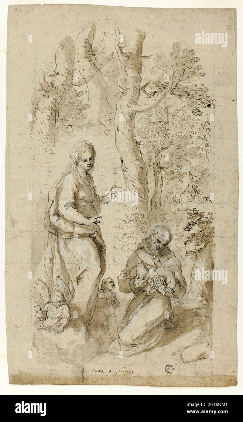 Visione di San Francesco d'Assisi (recto); San Gerolamo, visione di San Francesco, e due piccoli schizzi di San Francesco che tiene il Cristo Bambino (verso), c.1618. Foto Stock