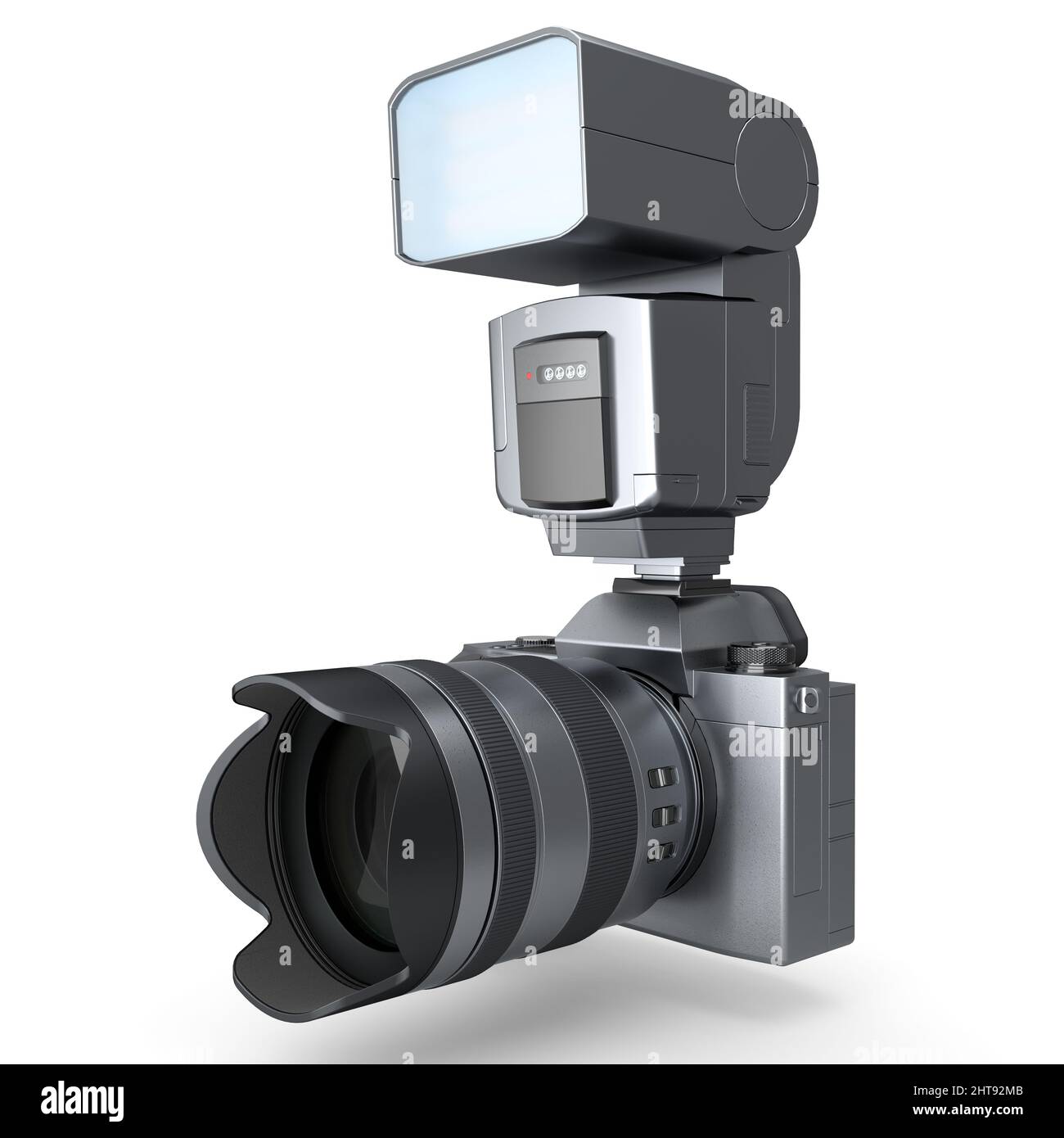 Fotocamera DSLR inesistente con obiettivo e flash esterno speedlight bianco. Foto Stock