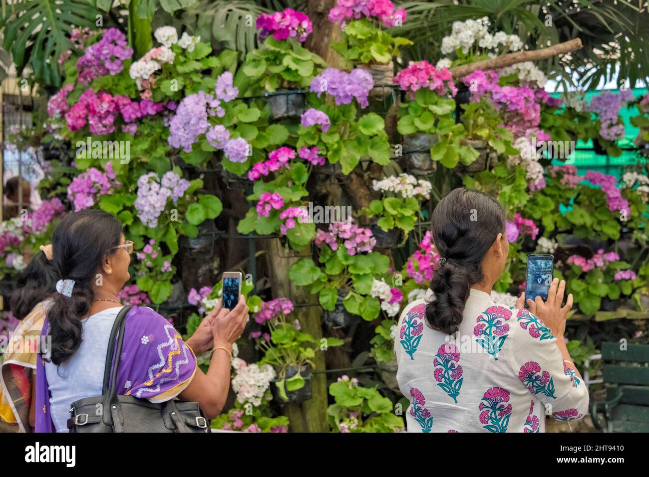 Le donne scattano foto al Flower Exhibition Centre, Gangtok, Sikkim, India Foto Stock