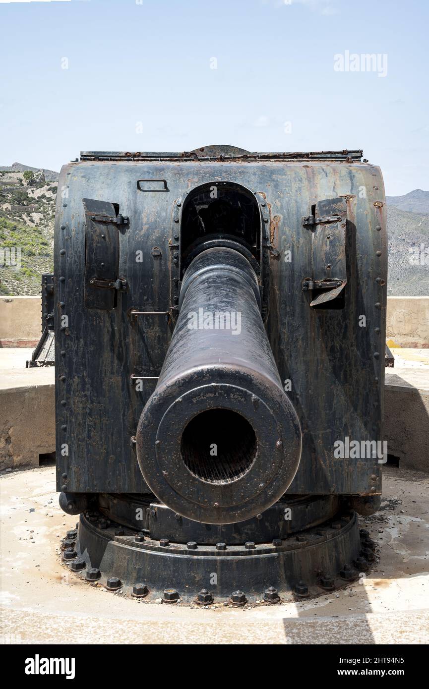 Dettaglio di un cannone di difesa costiera del 1930s Foto Stock