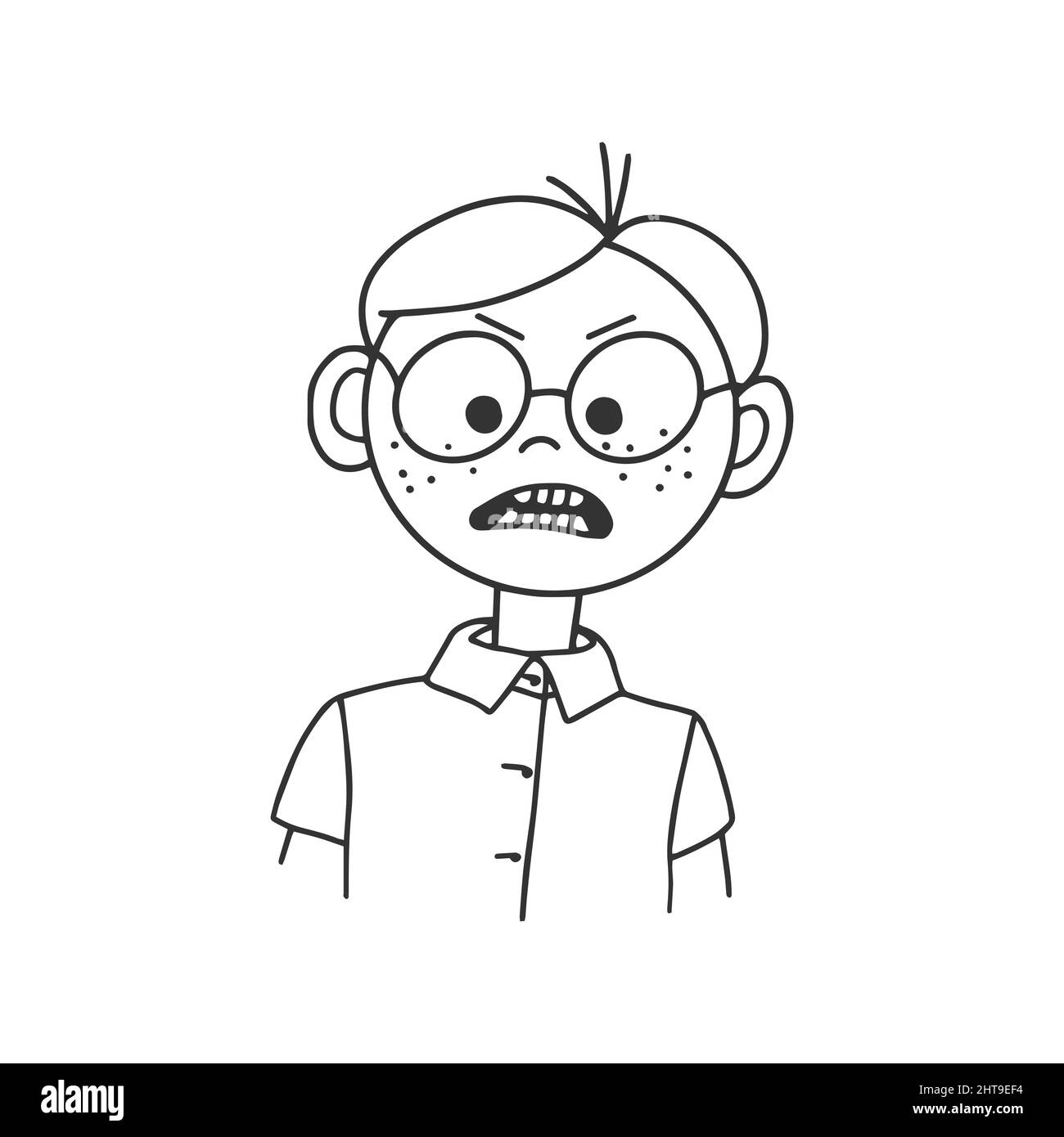 Disegno del contorno di un uomo cartoon con vetri. Doodle styleContour disegno di un uomo cartoon in occhiali con emozioni sul suo volto. Stile Doodle Illustrazione Vettoriale