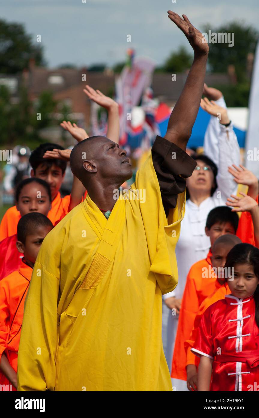 Esposizione all'aperto di Kung fu e Tai Chi in un parco di East London Foto Stock