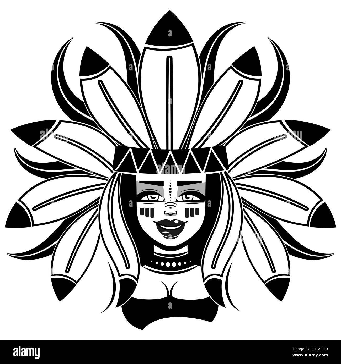 donna indiana nativa americana che indossa tradizionale headdress di penna tribale - ritratto di testa di profilo vettoriale bianco e nero Illustrazione Vettoriale