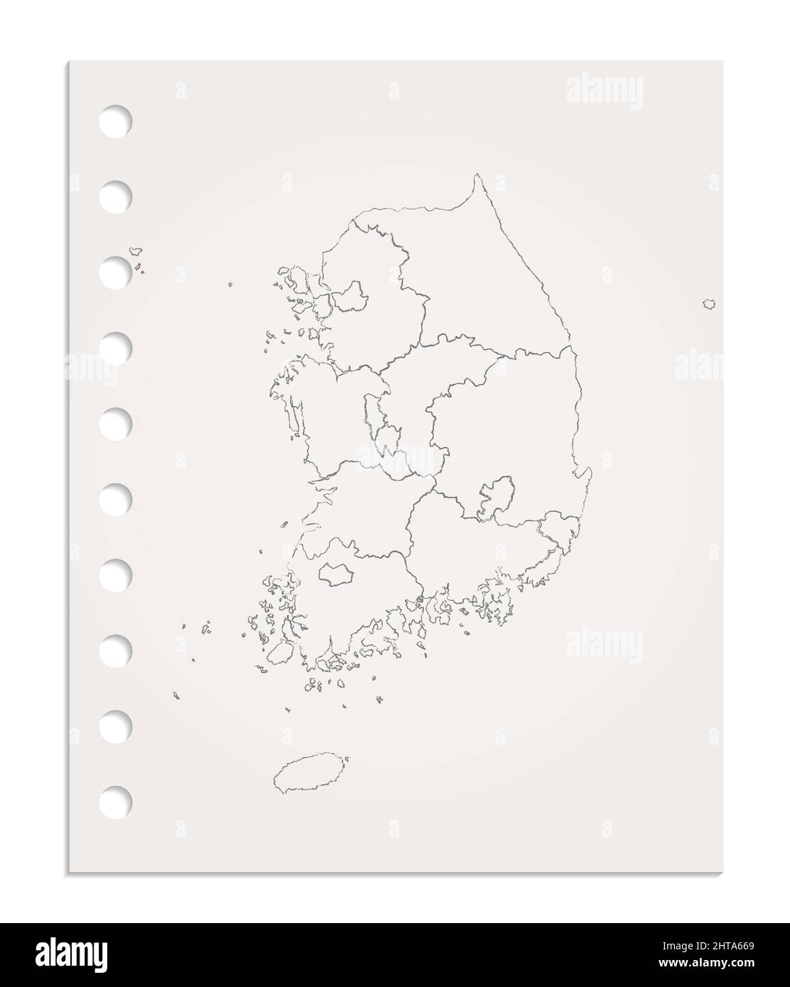 Mappa della Corea del Sud su fogli di carta puliti e realistici strappati dal blocco, vuoti Foto Stock
