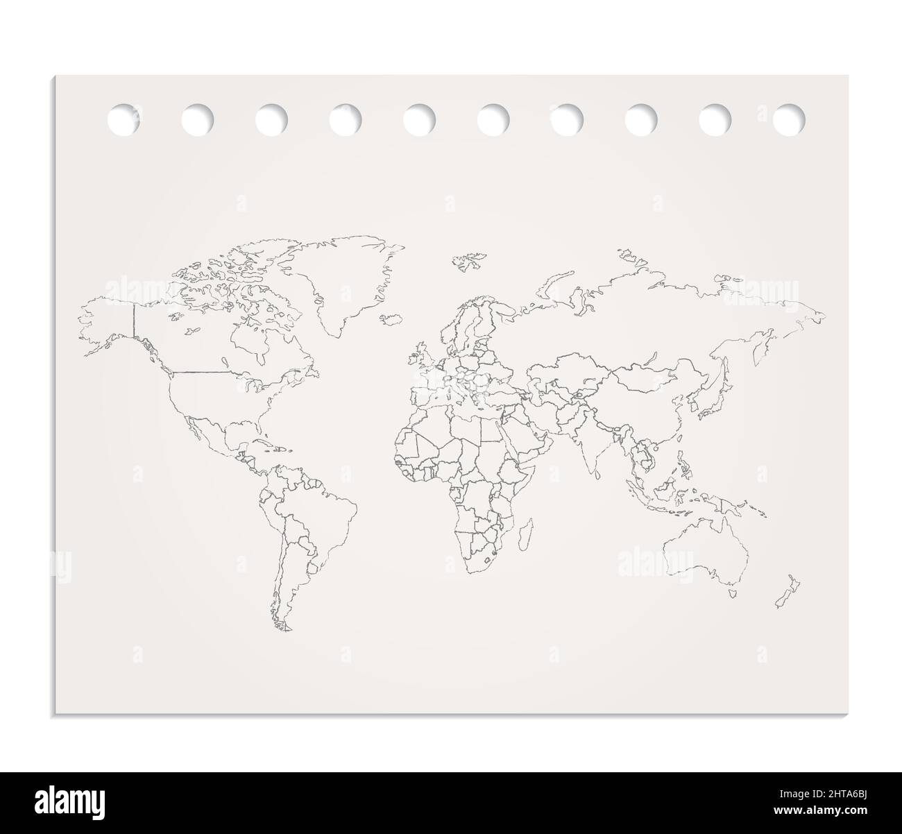 Mappa del mondo su fogli di carta puliti e realistici strappati dal blocco, vuoti Foto Stock