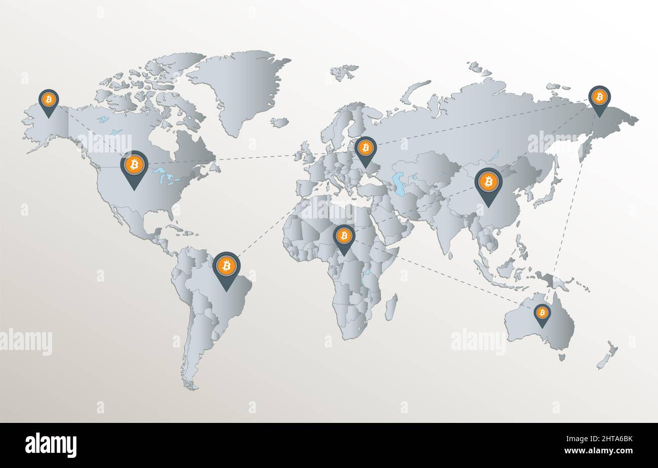 Mappa del mondo, rete bitcoin e puntatore di posizione, carta bianca blu carta carta 3D raster Foto Stock