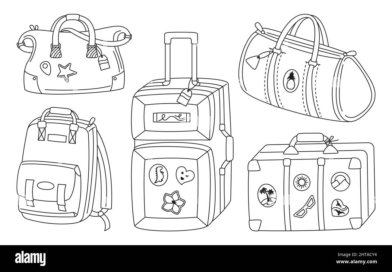 Set trainato con linea di scarpetta da viaggio per valigie. Bagagli semplice viaggio vacanza, turismo shopping. Bagaglio e adesivo per aeroplano, zaino viaggio per studente, escursionismo in viaggio. Illustrazione del vettore di contorno Illustrazione Vettoriale
