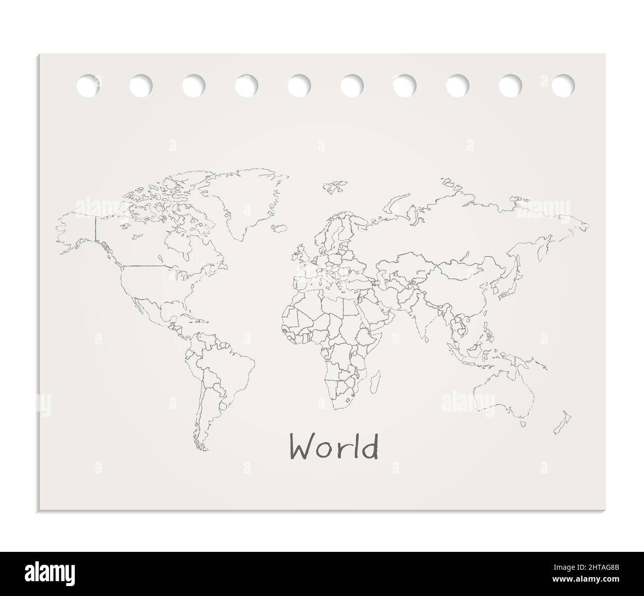 Mappa del mondo su fogli di carta puliti e realistici strappati dal vettore a blocchi Illustrazione Vettoriale