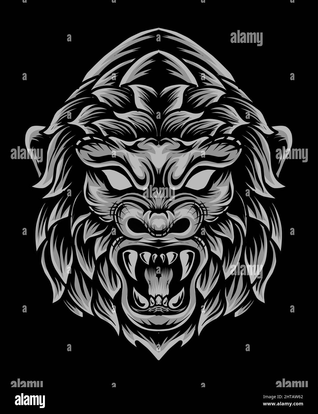 Illustrazione della testa di gorilla vettoriale su sfondo nero Illustrazione Vettoriale