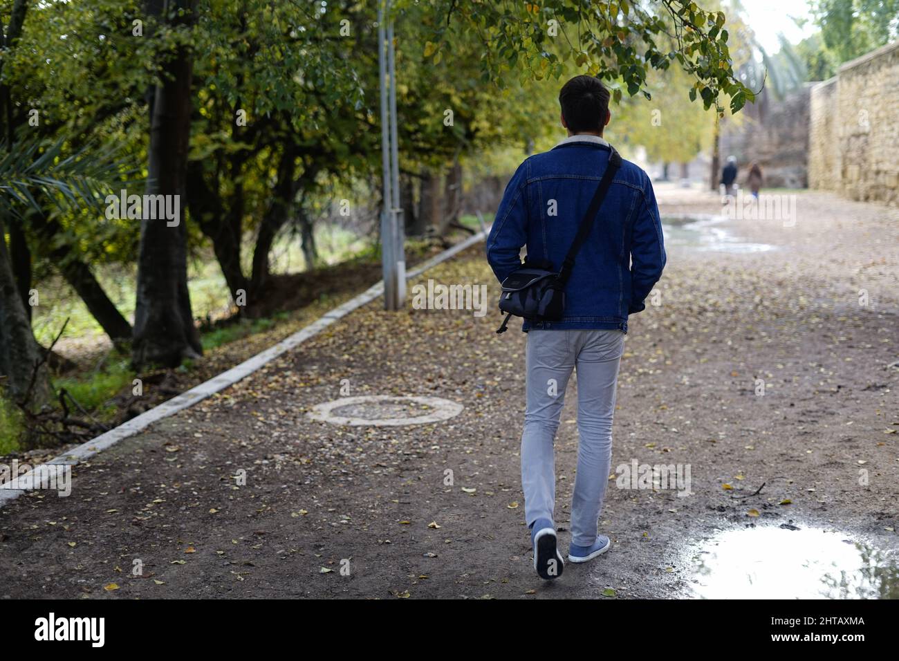 Vista posteriore di un ragazzo che cammina all'aperto vestito casualmente Foto Stock