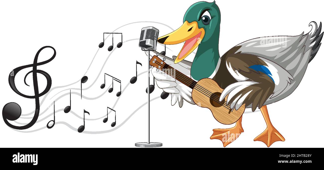 La chitarra anatra suona, ukulele con illustrazione di nota musicale Illustrazione Vettoriale