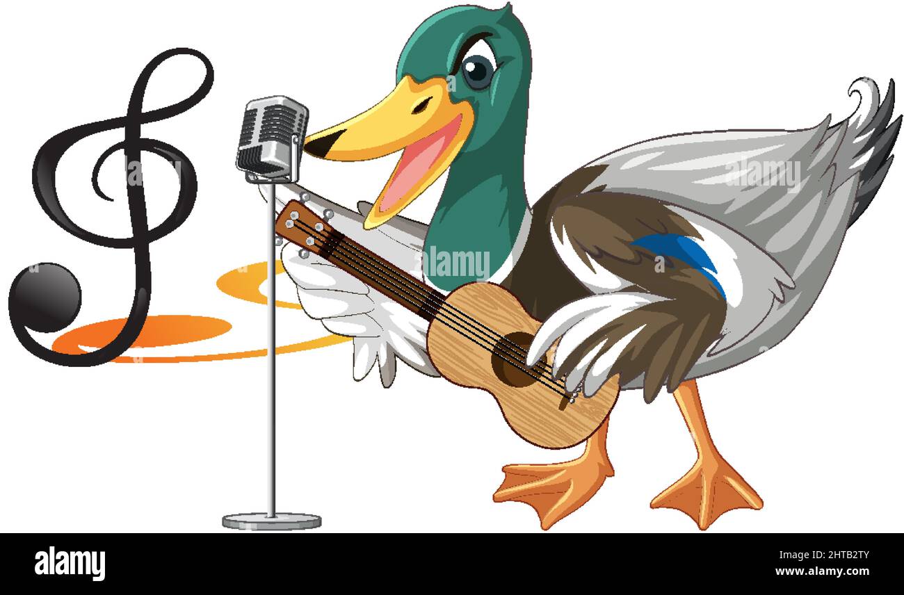 La chitarra anatra suona, ukulele con illustrazione di nota musicale Illustrazione Vettoriale