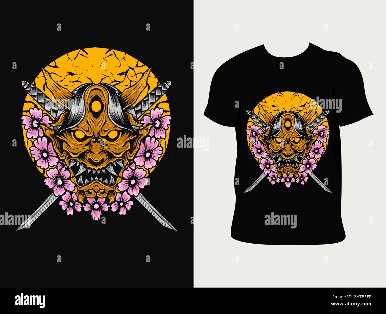 illustrazione maschera oni con fiore sakura su mockup t shirt Illustrazione Vettoriale