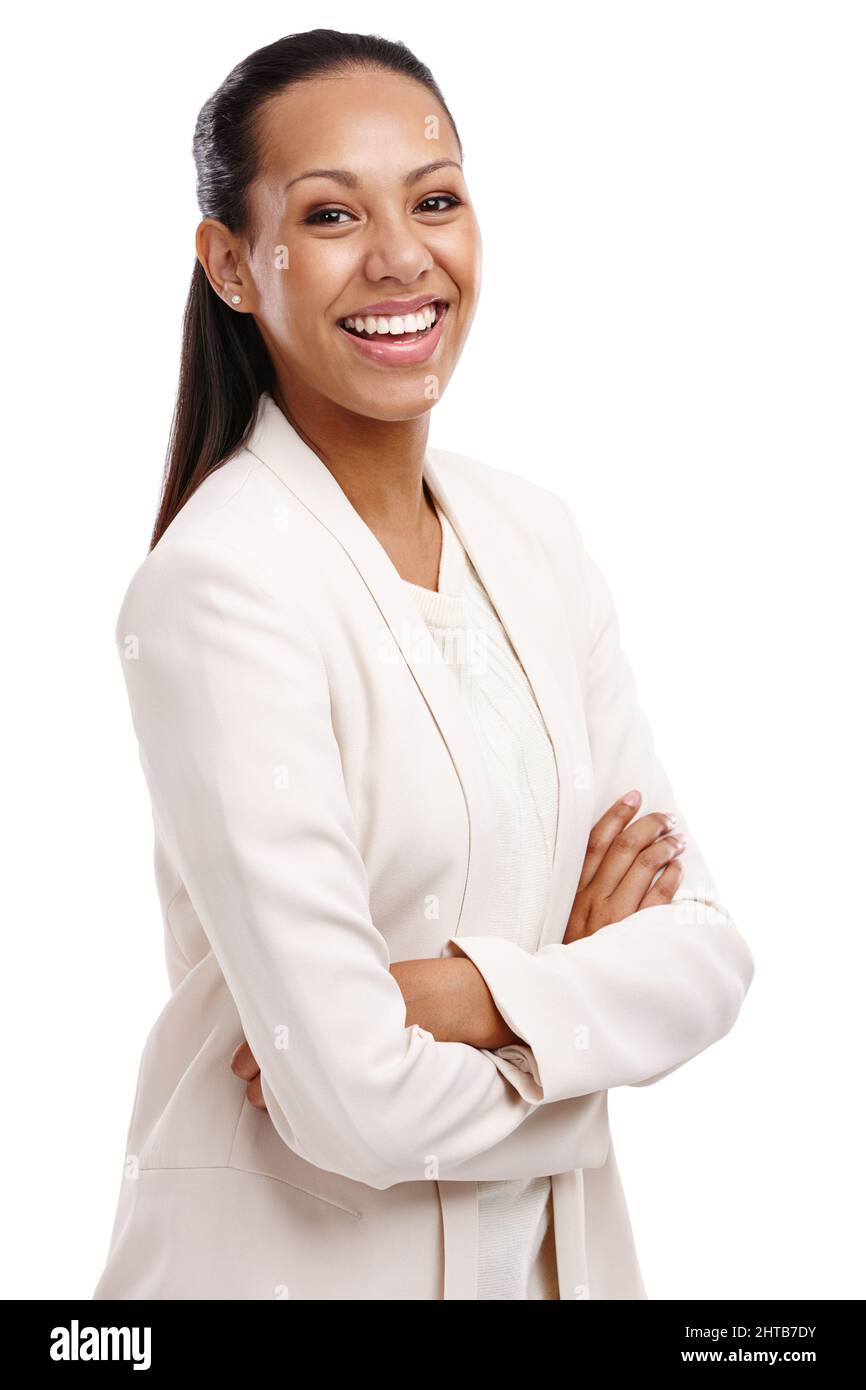 In cima e sensazione grande. Ritratto di una giovane donna d'affari attraente con le braccia ripiegate isolate su bianco. Foto Stock