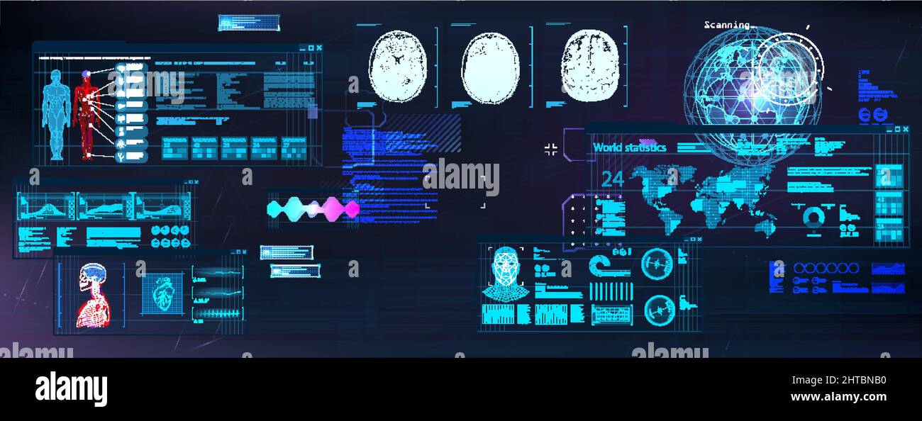 Dashboard per cyberpunk sci-fi. FUI. Stile HUD Illustrazione Vettoriale