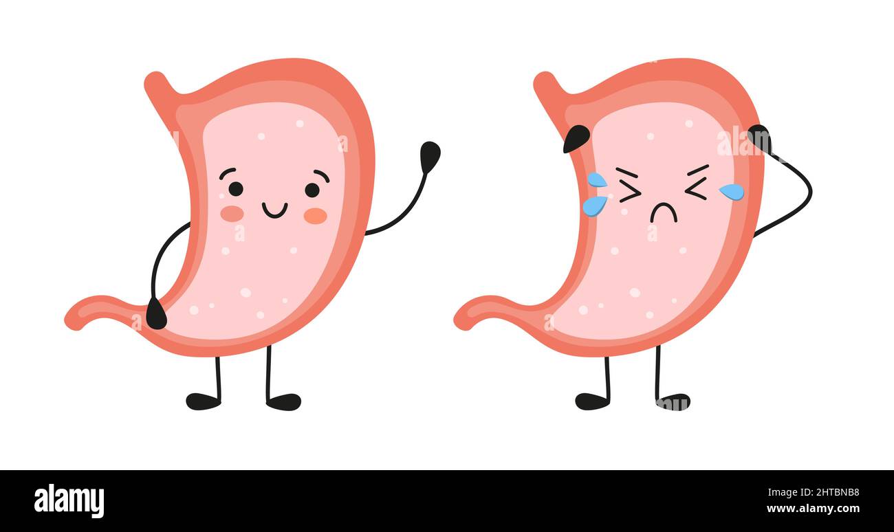 Sorridente stomaco sano e triste stomaco malato caratteri. Gastrite, indigestione e problemi di ulcera. Illustrazione cartoon piano vettoriale su bianco Illustrazione Vettoriale