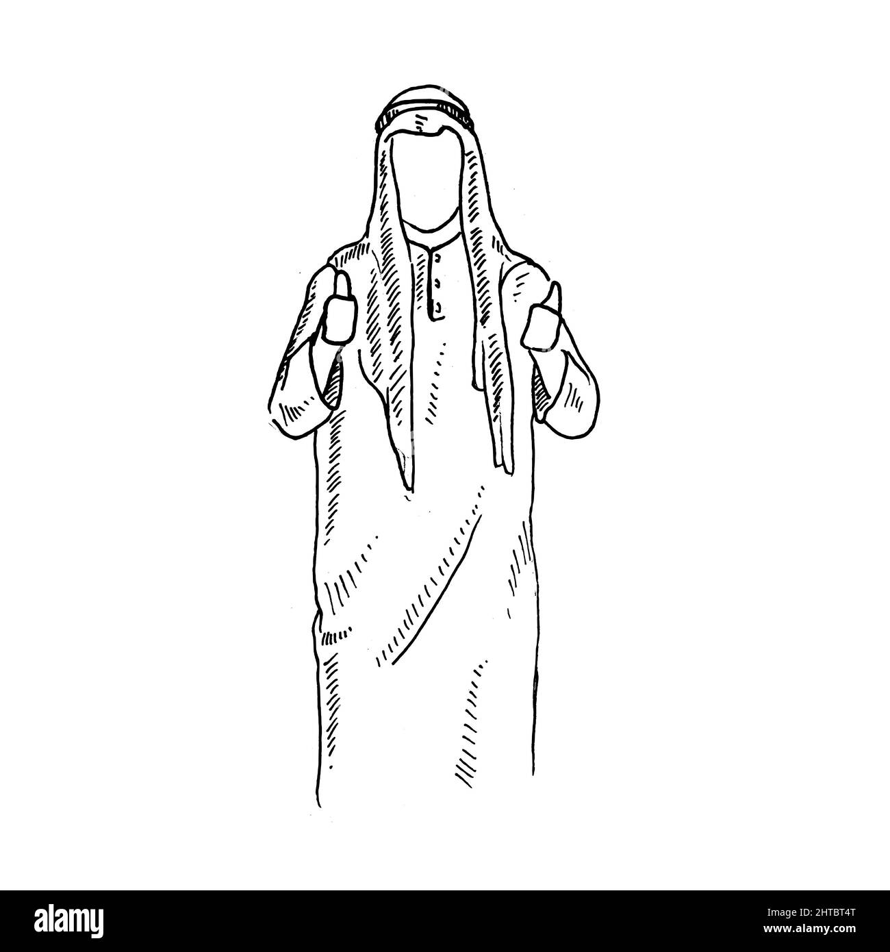 Un uomo musulmano, indossato un vestito e un turbante, si alza con i pollici. Illustrazione vettoriale dello schizzo retrò vintage. Modello da incisione. Nero isolato su bianco Foto Stock