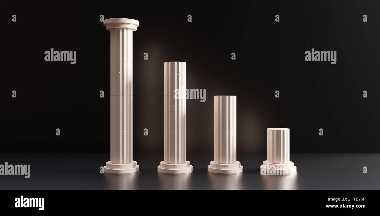 Colonna classica, colonnato in pietra di marmo, quattro colonne di decremento altezza su sfondo nero, architettura greca antica, business down, declino c Foto Stock