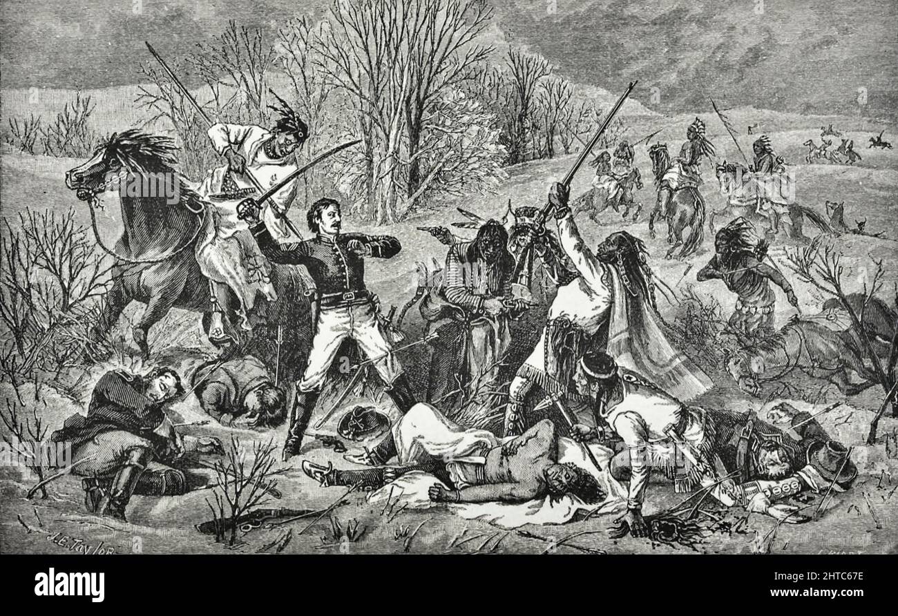 L'eroismo e la morte del maggiore sergente Kennedy del libro ' Our Wild Indians; trentatré anni di esperienza personale tra gli uomini rossi del grande Occidente ' di Richard Irving Dodge, Richard Irving Dodge (19 maggio 1827 – 16 giugno 1895) è stato un colonnello dell'esercito degli Stati Uniti. Dodge è nato nel North Carolina[1] e è morto dopo una lunga e riuscita carriera nell'esercito degli Stati Uniti. Iniziò come cadetto nel 1844 e si ritirò come colonnello il 19 maggio 1891. Pubblicato A. D. Worthington and Company, 1883, Hartford, Conn Foto Stock