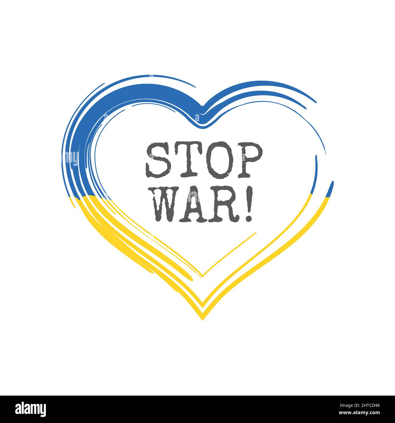 Colpo di bandiera ucraino con stop war. Pace per Ucraina testo in gesso struttura e vettore cuore. Illustrazione Vettoriale