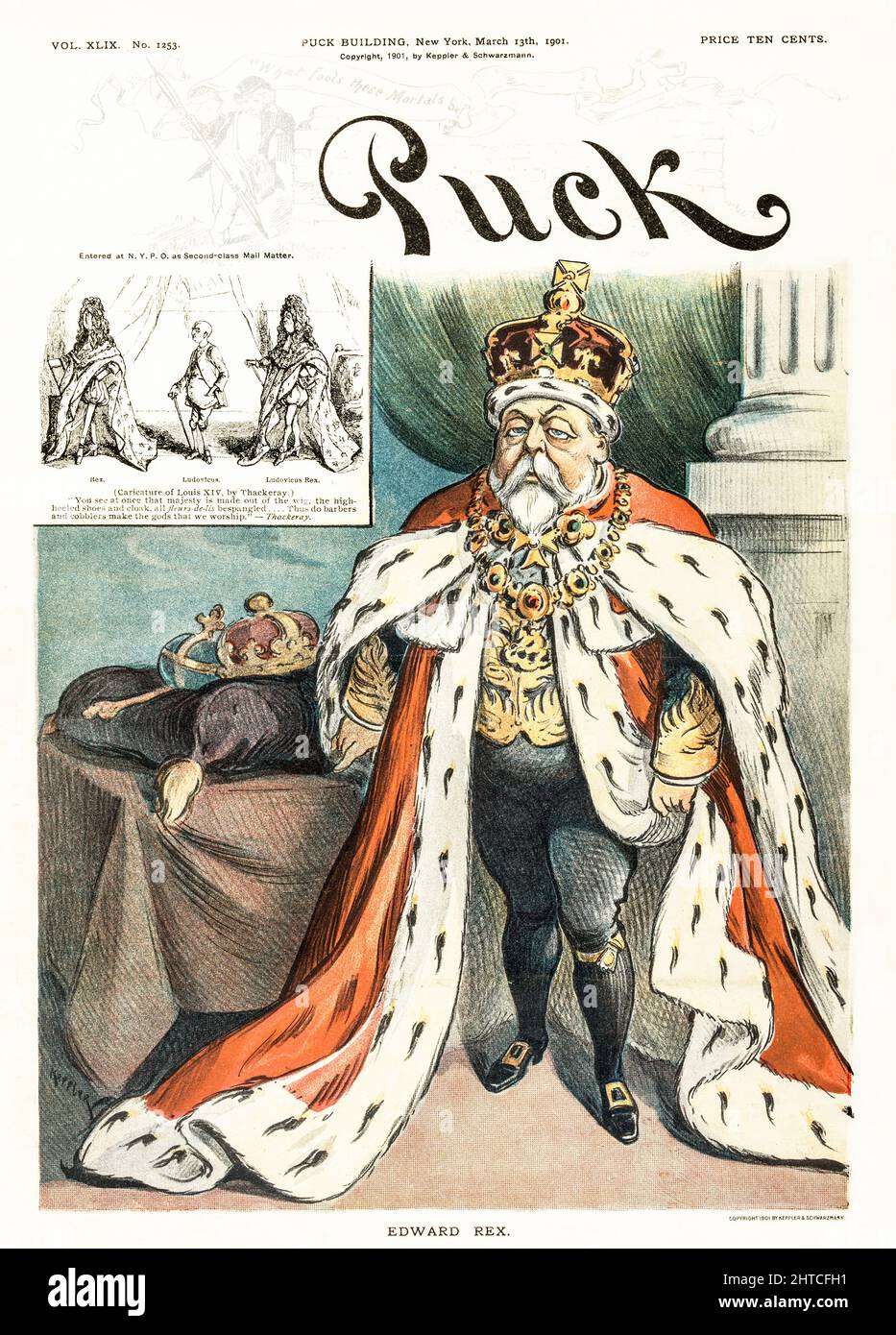 Un'illustrazione di Edoardo VII, re di Gran Bretagna, del Puck Magazine americana del 20th secolo, poco dopo aver preso il trono. Un'inset mostra una caricatura di Luigi XIV, con una citazione dell'autore britannico, William Makeace Thackeray.'vedete subito che la maestà è fatta dalla parrucca, dalle scarpe con tacchi alti e dal mantello, tutti i fleurs-de-beslis pangled .... così fanno i barberi e i ciottoli gli dei che adoriamo.' Foto Stock