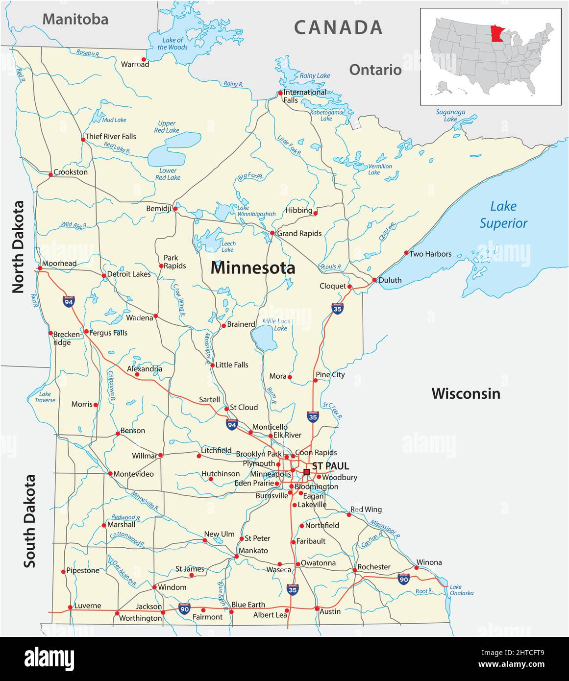 Mappa stradale dello stato americano del Minnesota Illustrazione Vettoriale