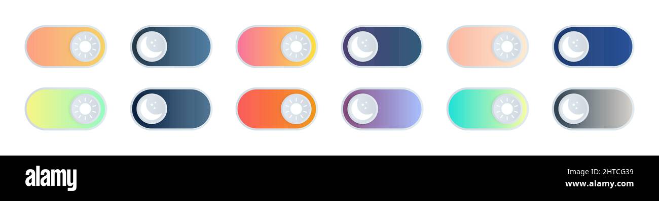 Interruttori modalità giorno notturno. Impostare per l'applicazione mobile o il sito Web. Pulsanti di attivazione e disattivazione della sfumatura. Illustrazione vettoriale. Illustrazione Vettoriale