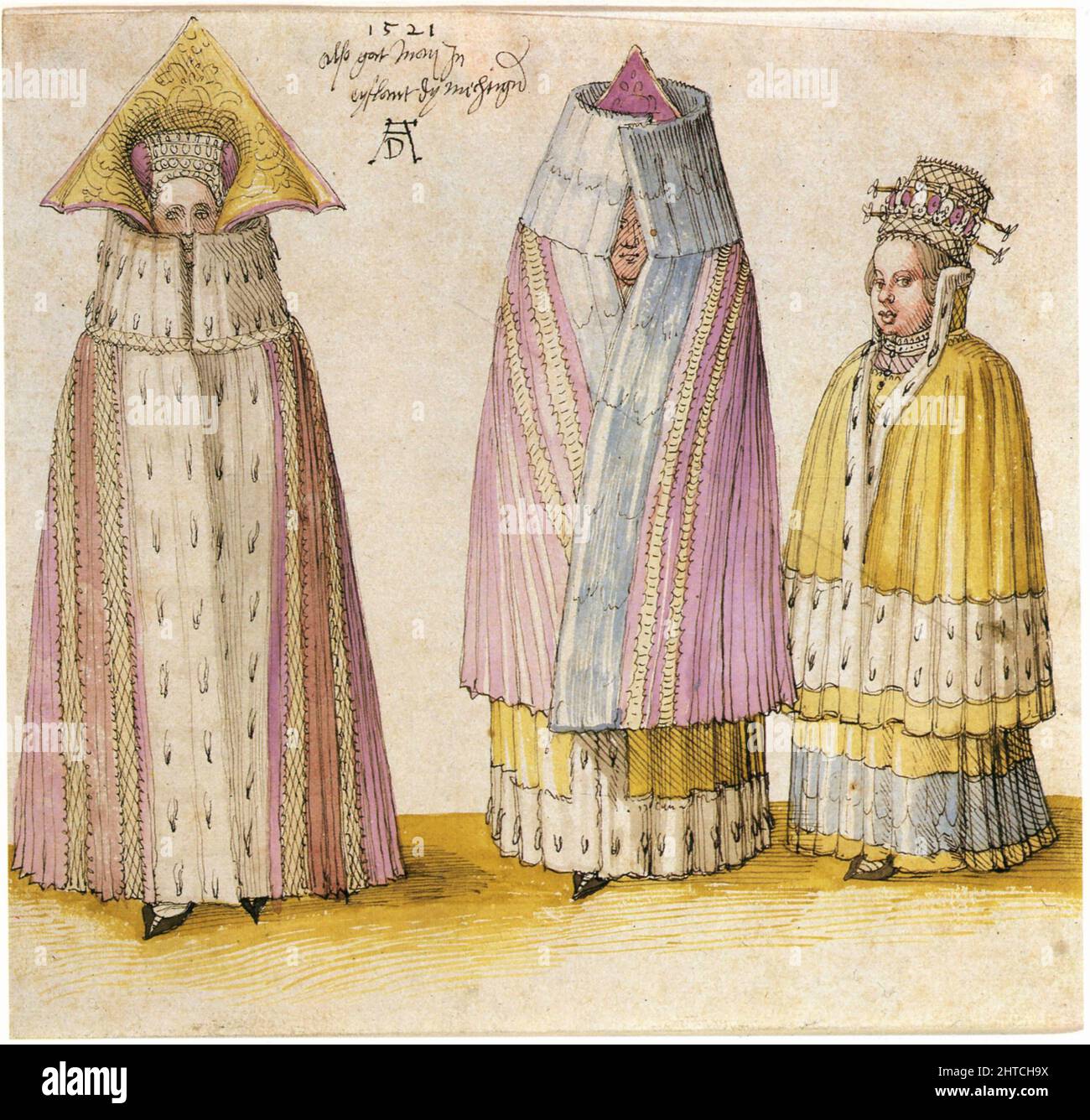 Abito invernale di tre Signore da Livonia, 1521. Trovato nella Collezione del Musée du Louvre, Parigi. Foto Stock