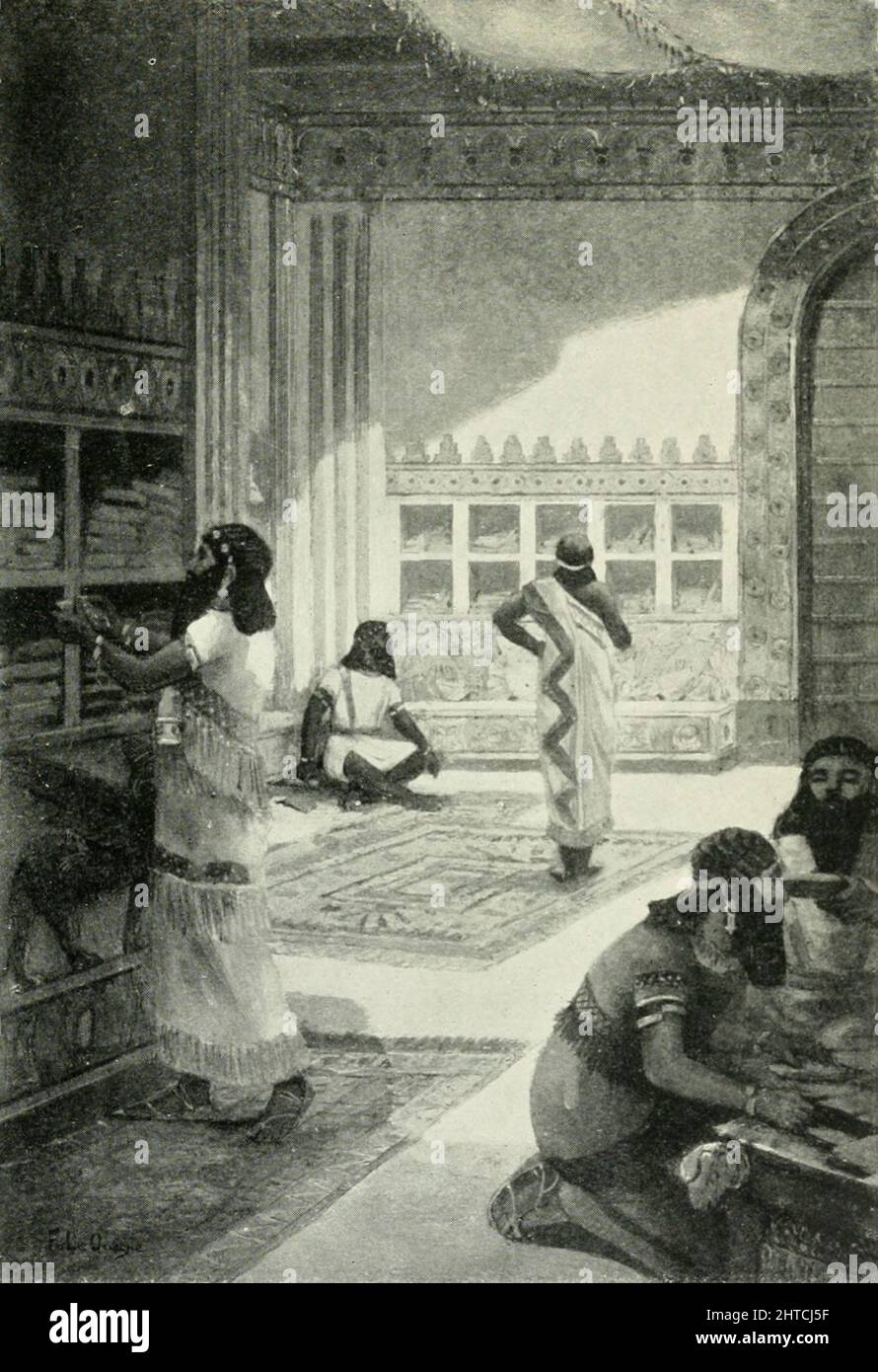 La Biblioteca di Re Assur-bani-pal a Ninive di Fernand L. Quesne Ashurbanipal, ha anche scritto Assurbanipal, Asshurbanipal e Assurbanipal (che significa "Ashur ha dato un figlio-erede") è stato il re dell'Impero Neo-Assiro dalla morte di suo padre Esarhaddon nel 668 AC alla sua morte nel 631 AC. Il quarto re della dinastia Sargonide, Ashurbanipal, è generalmente ricordato come l'ultimo grande re dell'Assiria. Dal libro " Miti e leggende di Babylonia & Assiria " di Lewis Spence, pubblicato a Londra : Harrap 1916 Foto Stock