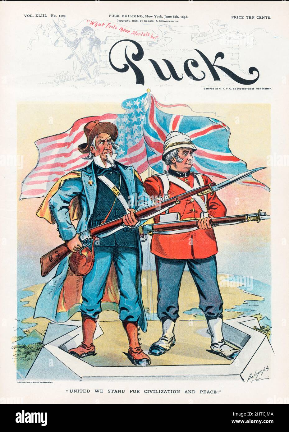 Un'illustrazione della rivista americana Puck di fine 19th secolo di zio Sam e John Bull che tiene fucili con bayonetts fissi, in piedi su una barriera fortificata con le bandiere americane e britanniche dietro di loro. Una evocazione del rapporto speciale tra gli Stati Uniti e la Gran Bretagna. Foto Stock