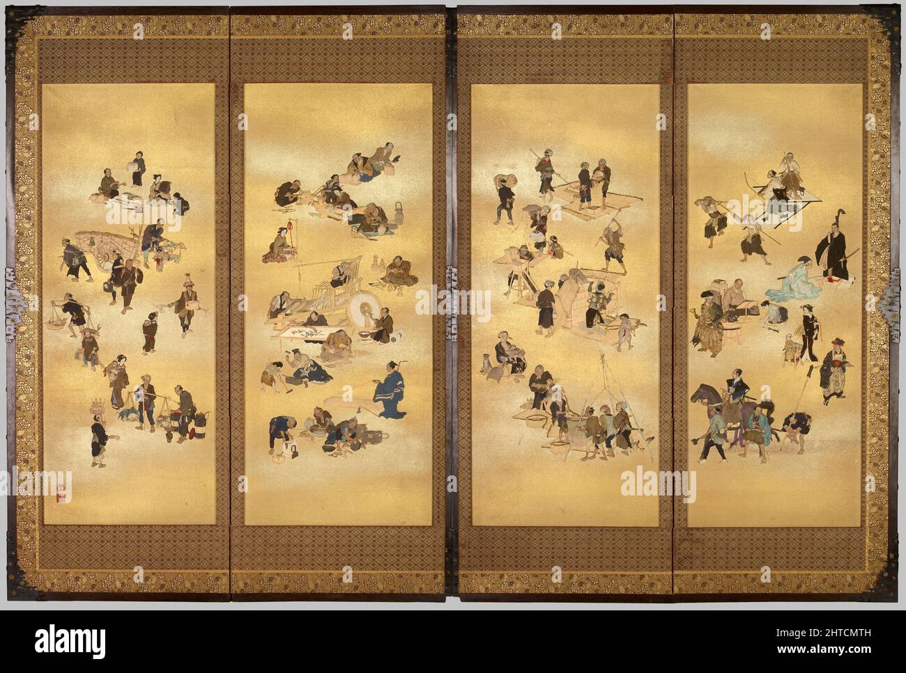 Schermata che mostra le quattro classi di Edo Japan, c. 1893; periodo Meiji (1868-1912). Dimensioni: Aperto 182,4 x 276 x 3,2 cm max (altezza x larghezza x profondità); chiuso 182,4 x 69,1 x 12,8 cm (altezza x larghezza x profondità); ogni pannello 136,1 x 53,5 cm (altezza x larghezza). Foto Stock