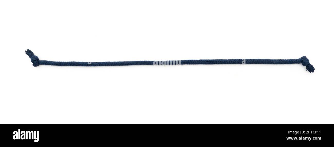 Pizzo lungo con nodi, tacchetto blu scuro isolato su bianco Foto Stock
