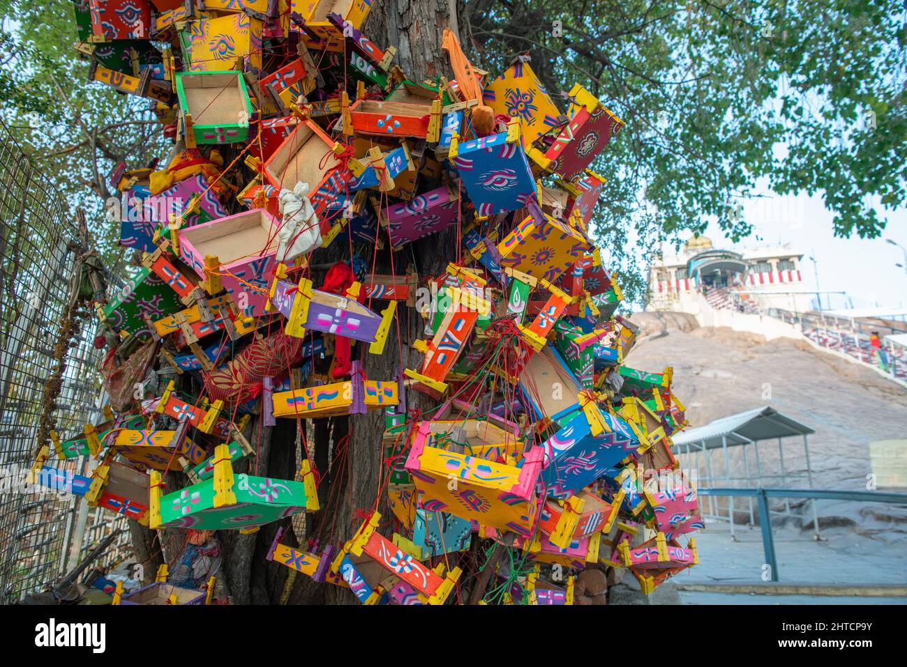 Trichy, India - Gennaio 2022: Albero dei desideri all'interno del Tempio del Forte di Rock. Molte scatole sono appese in un albero all'interno del tempio, come un modo per consegnare le persone Foto Stock Trichy, India - Gennaio 2022: Albero dei desideri all'interno del Tempio del Forte di Rock. Molte scatole sono appese in un albero all'interno del tempio, come un modo per consegnare le persone Foto Stock