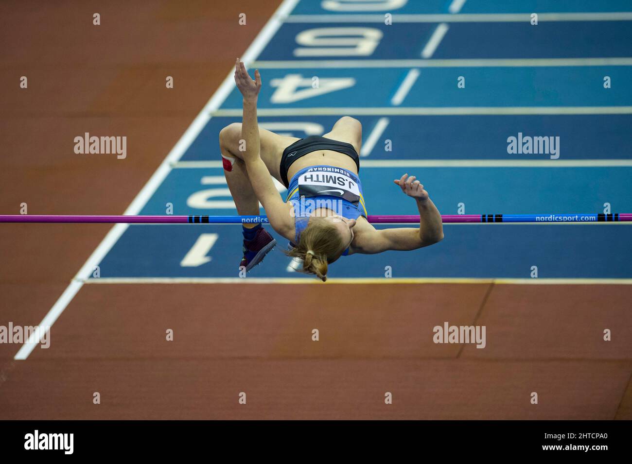 Domenica 27 Febbraio 2022: Jodie Smith in the Womens High Jump Pentathlon al Regno Unito Athletics Indoor Championships and World Trials Birmingham al giorno 2 dell'Arena di Utilita Foto Stock