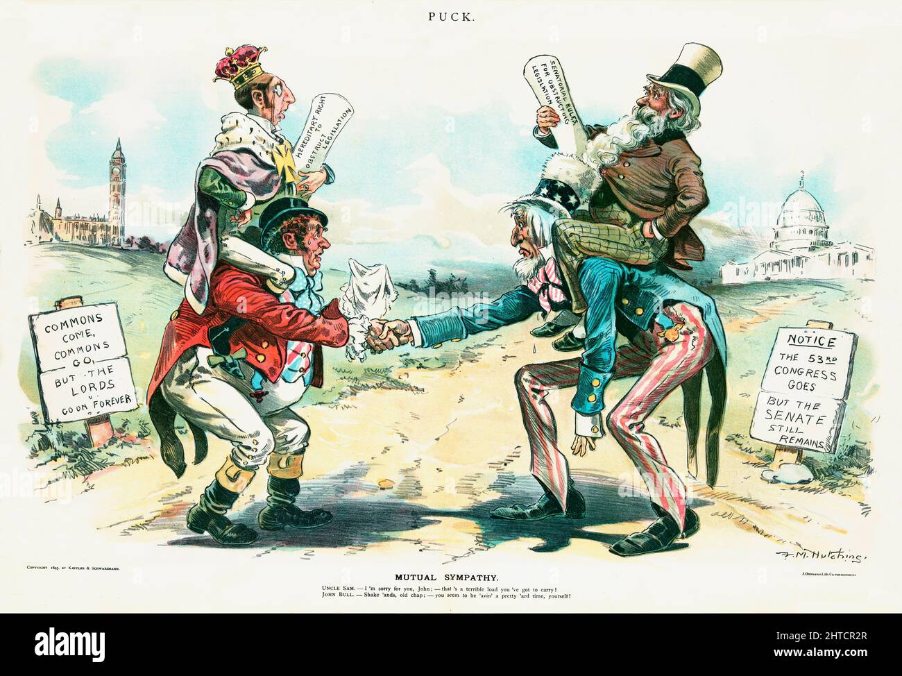 Un'illustrazione della rivista americana Puck della fine del 19th secolo di John Bull e dello zio Sam, entrambi piegati sotto il peso degli organi di governo che stanno portando sulle loro spalle con documenti etichettati 'diritto ereditario di ostruire la legislazione? E 'norme enatoriali per ostruire la legislazione?; Un segno dietro John Bull afferma 'Commons come, Commons go, ma i Lord vanno su Forever', e un segno dietro lo zio Sam afferma 'Avviso - il Congresso del 53rd va, ma il Senato rimane ancora'. Foto Stock