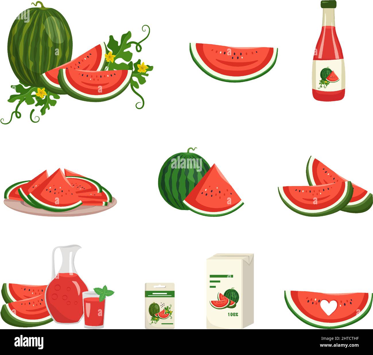 Set di icone di cocomero rosso e verde. Frutta a strisce con semi, foglie e fiori. Succo in bottiglia, confezione, caraffa e vetro, semi per la semina e la raccolta. Cibo dolce per la dieta. Illustrazione piatta vettoriale Illustrazione Vettoriale