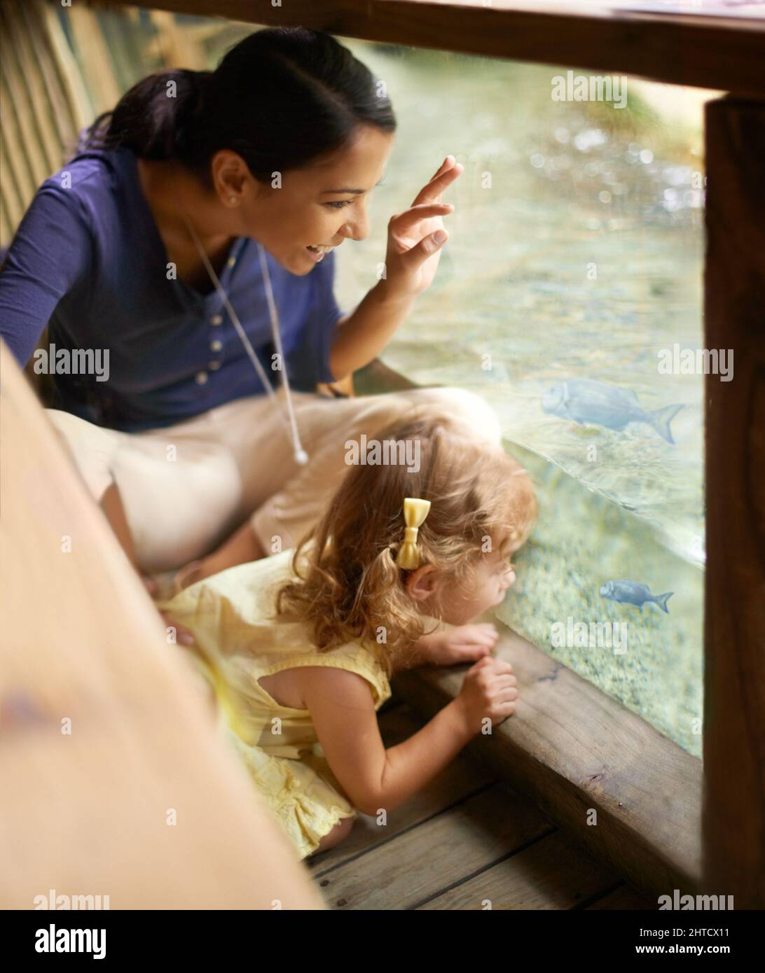 Guardate theres un pesce mummy e il suo piccolo proprio come noi. Una madre e una figlia che guardano i pesci in un acquario. Foto Stock