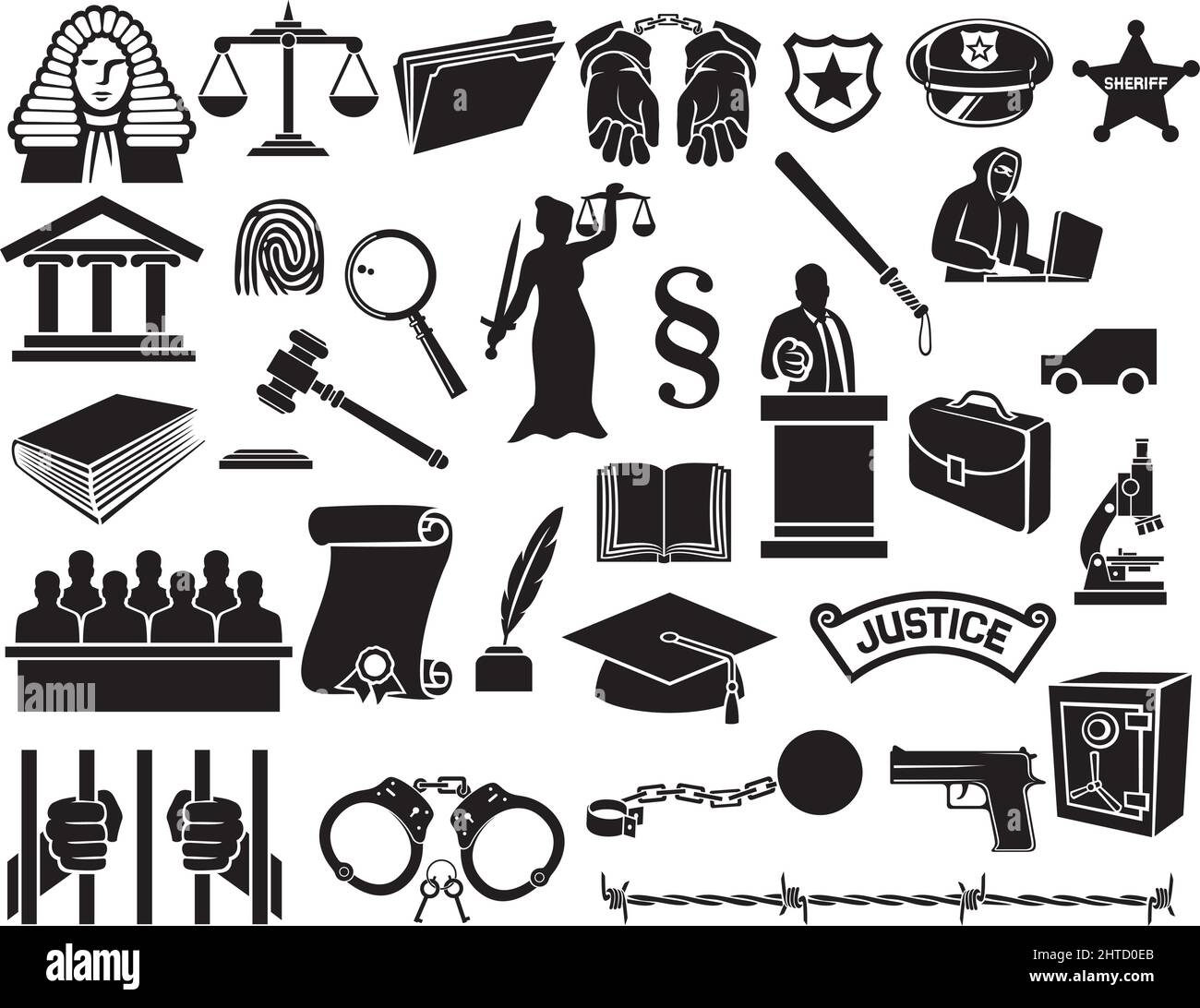 Le icone della legge e della giustizia impostano l'illustrazione vettoriale Illustrazione Vettoriale