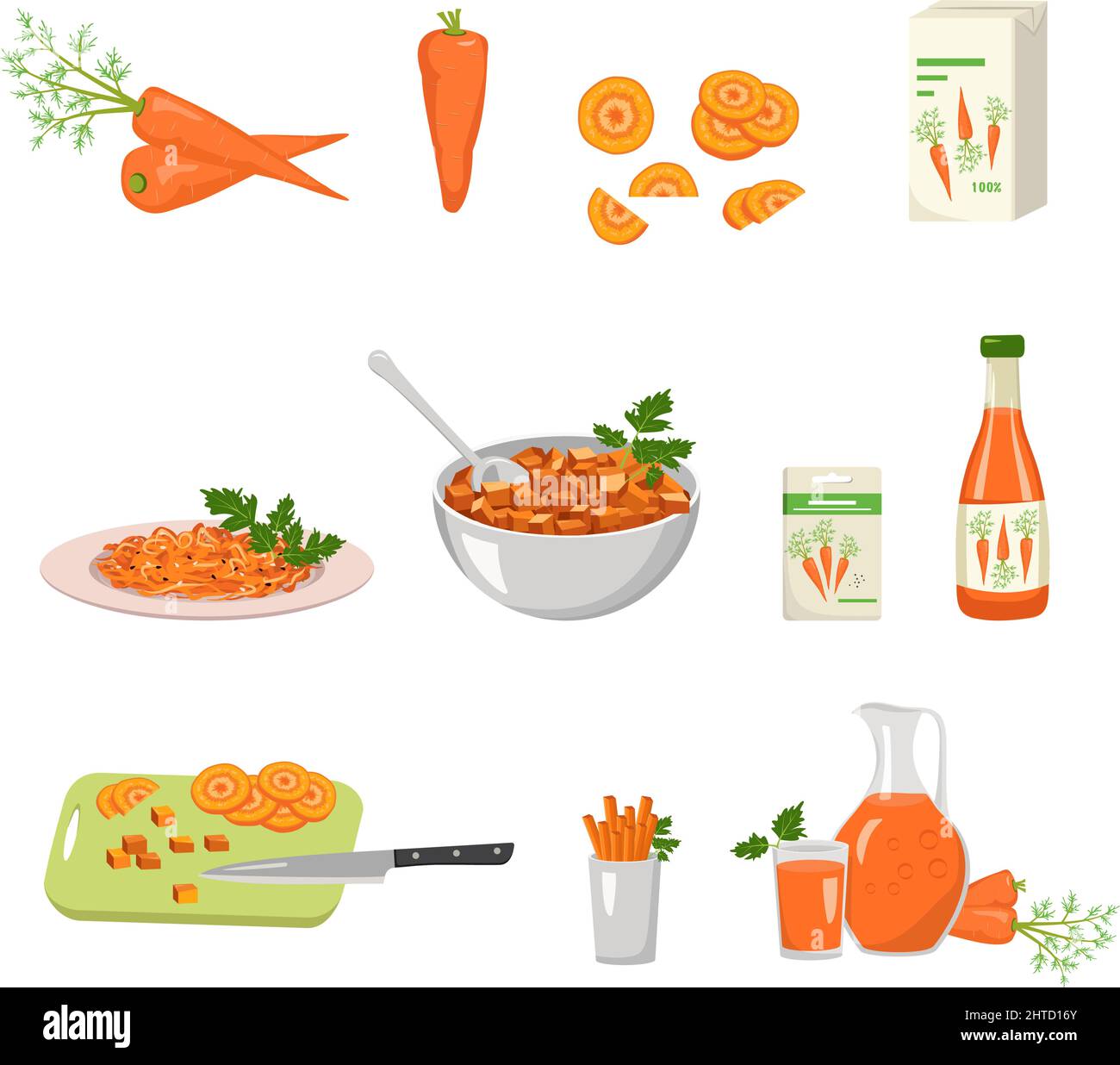 Carota icona e prodotti da esso. Cibo sano, verdure all'arancia. Fonte di vitamina A, snack dolce. Radice di carota per piante, succo in confezione, bottiglia, caraffa o bicchiere, pezzi tritati. Illustrazione piatta vettoriale Illustrazione Vettoriale