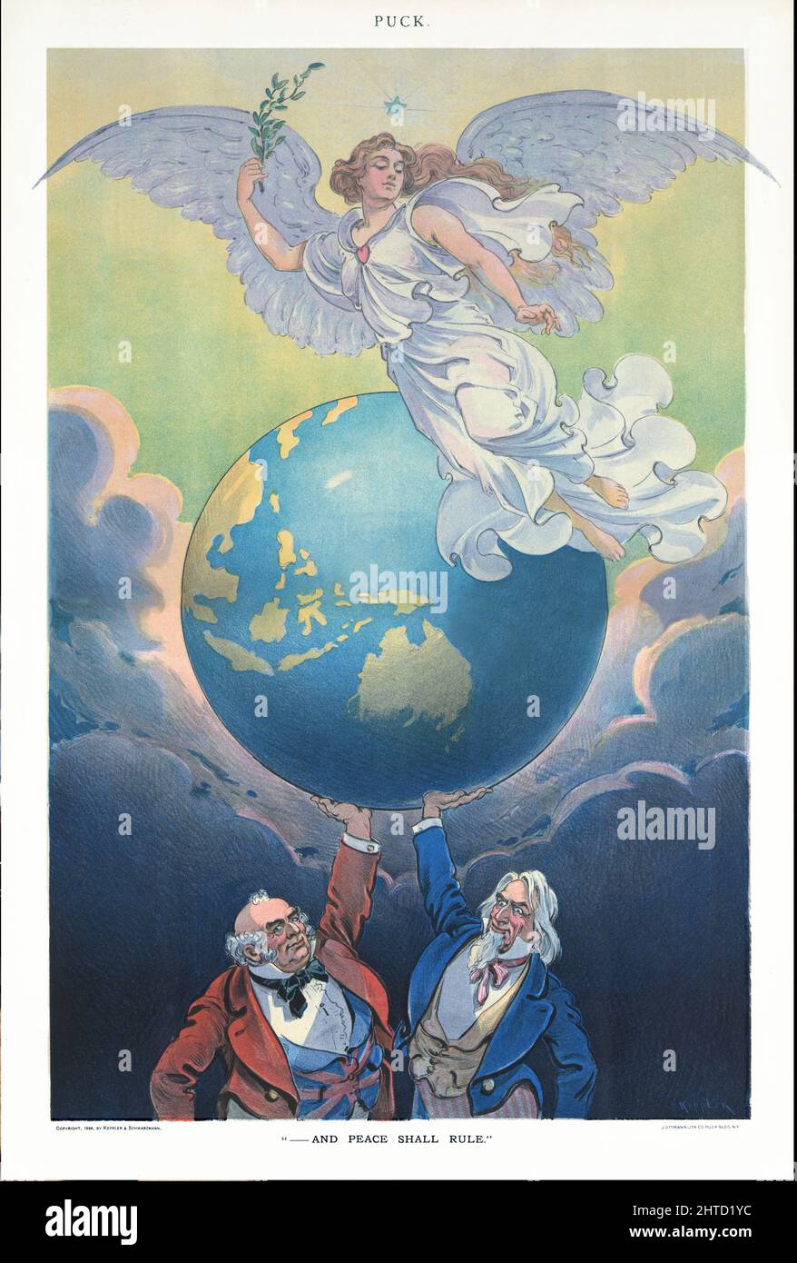 Una fine 19th secolo American Puck Magazine illustrazione di John Bull e zio Sam tenendo la terra Aloft, con un angelo di pace che vola intorno ad esso. Una evocazione del rapporto speciale tra gli Stati Uniti e la Gran Bretagna. Foto Stock
