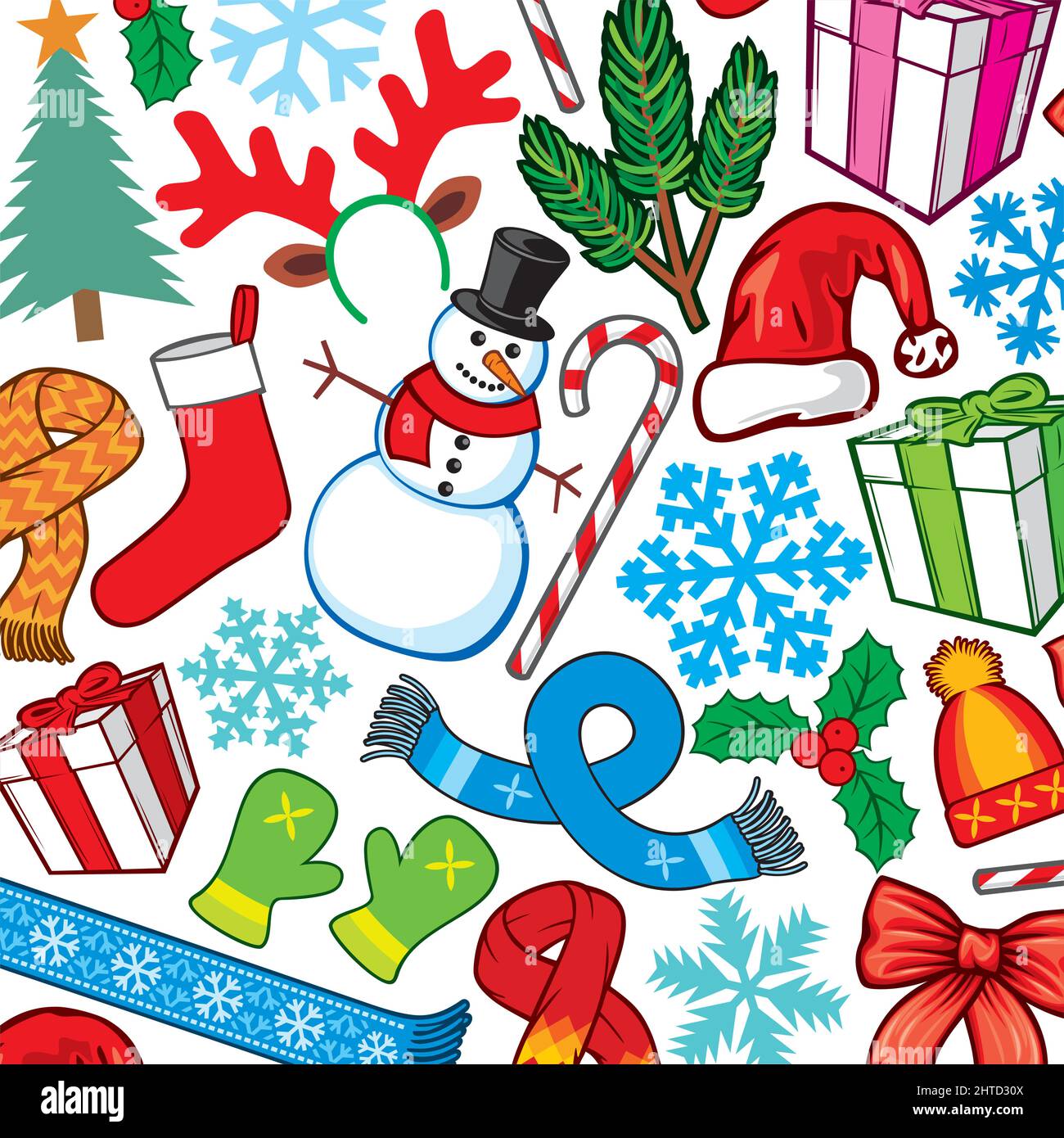 Sfondo con icone di Natale e Capodanno. Illustrazione vettoriale. Illustrazione Vettoriale