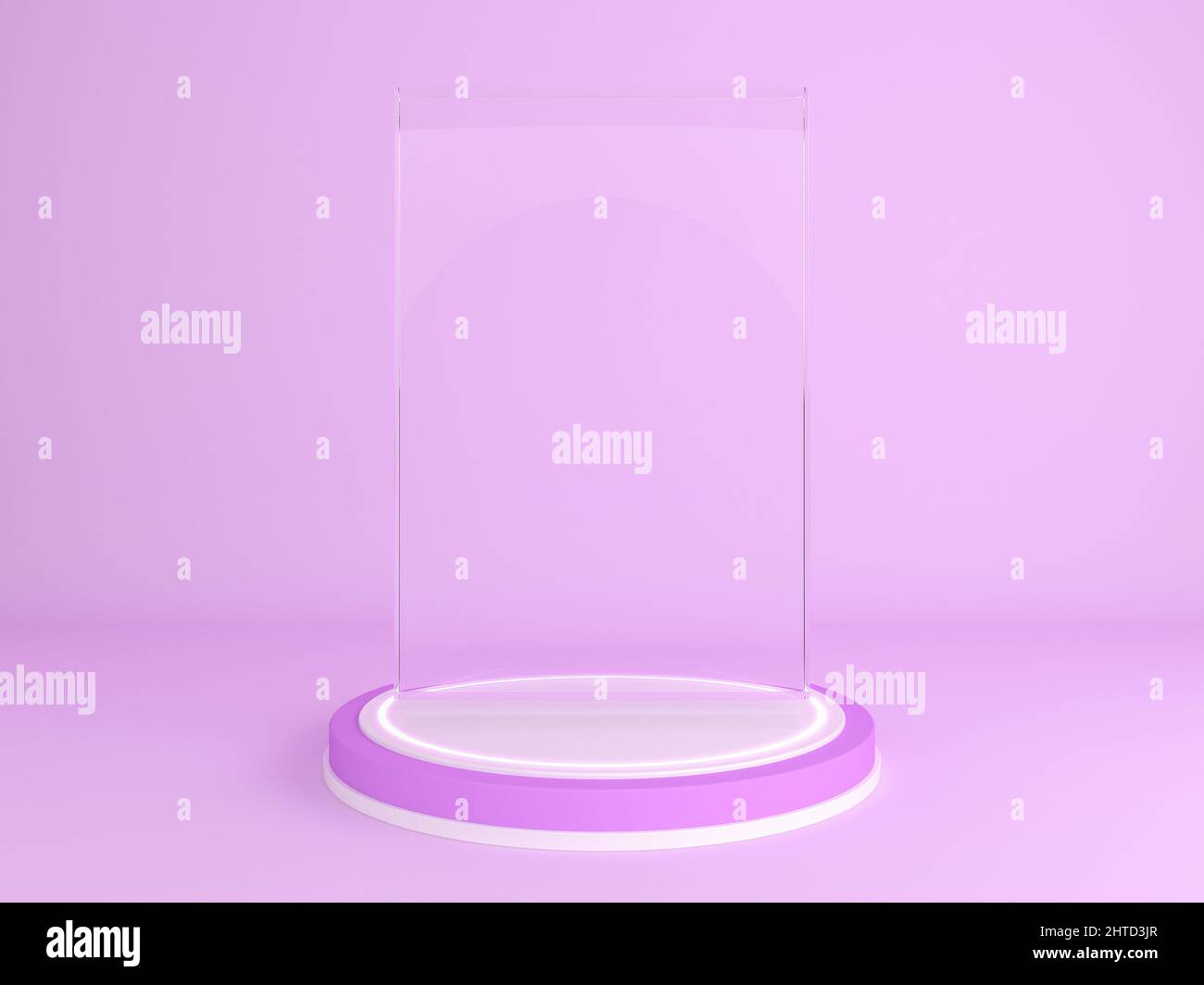Espositore o vetrina a podio cilindrico con mockup cristallo trasparente per prodotto su sfondo viola, rendering 3D Foto Stock