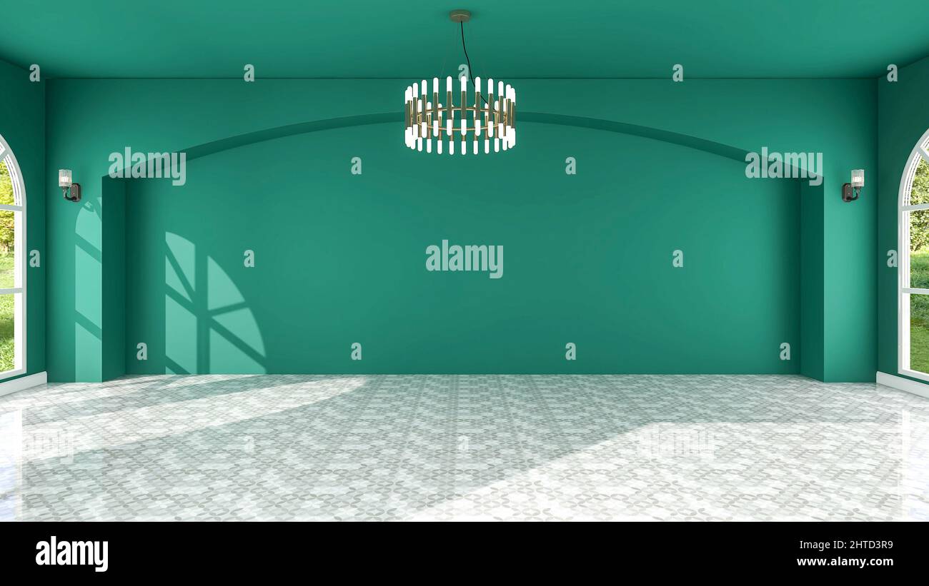 Interno di grande sala vuota con parete ad arco verde vuota e pavimento piastrellato, 3D rendering Foto Stock