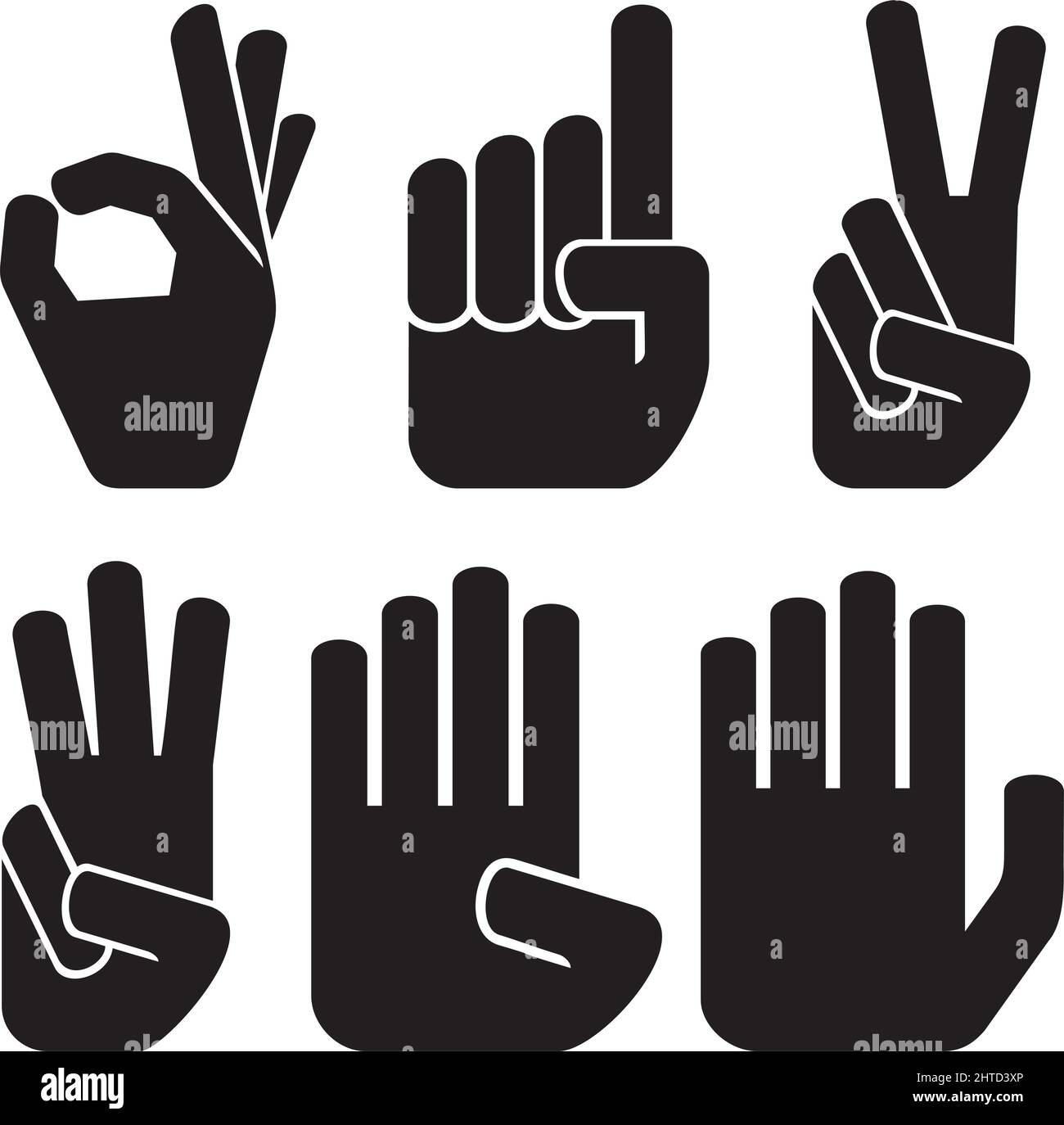 Set di icone delle dita di conteggio: Uno, due, tre, quattro e cinque (mani e numeri). Illustrazione vettoriale. Illustrazione Vettoriale