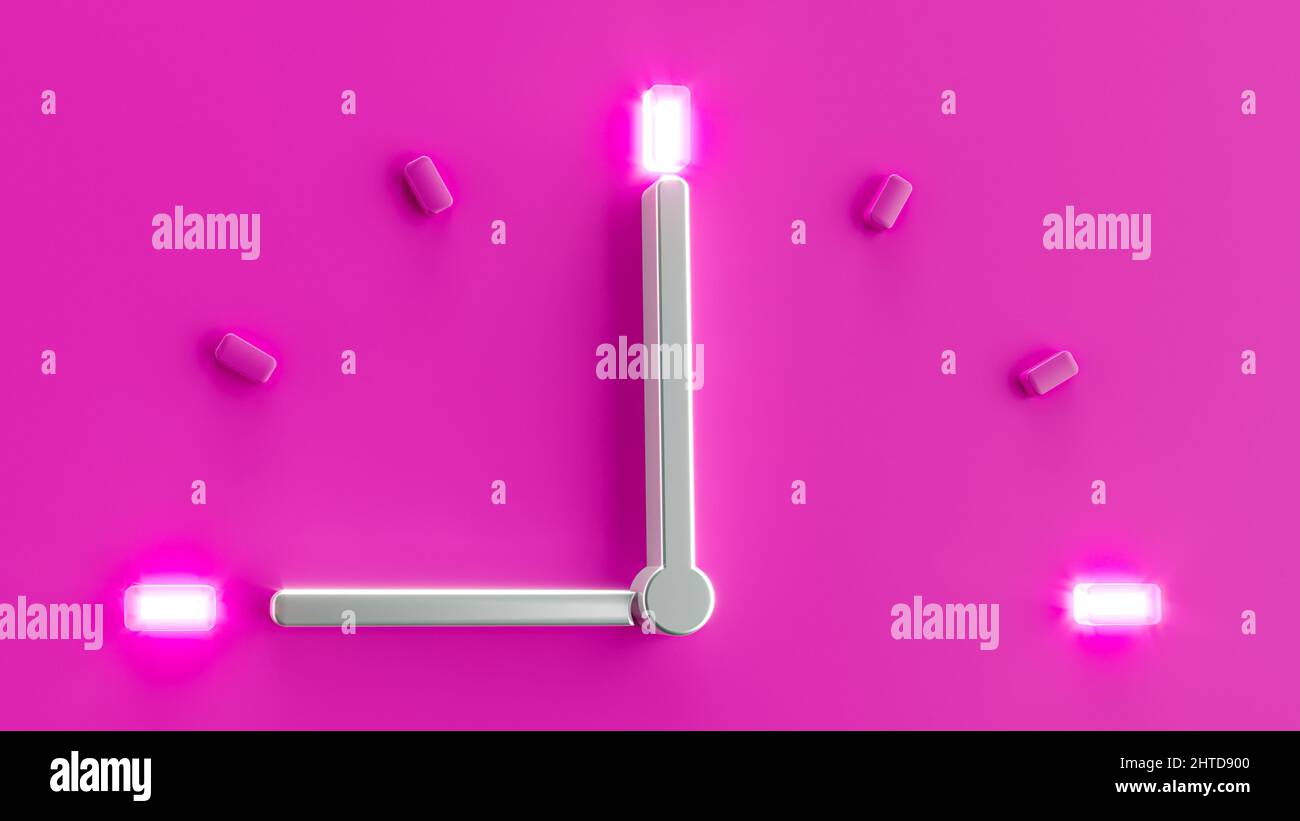 3D illustrazione di un orologio rosa che punta alle nove con luci accese ogni trimestre Foto Stock