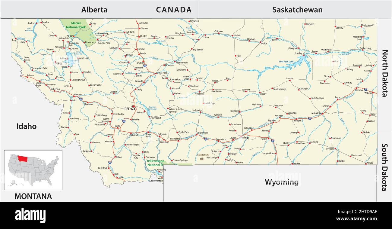 Mappa stradale dello stato americano del Montana Illustrazione Vettoriale